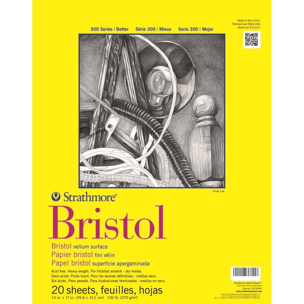 Strathmore 300 Series Bristol 14''x17'' Extra White Vellum 270 GSM Paper, Short-Side Tape Bound Pad of 20 Sheets