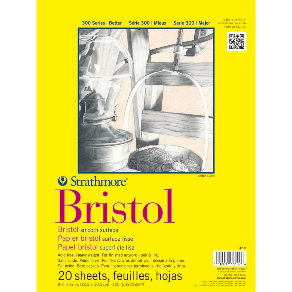 Strathmore 300 Series Bristol Smooth 9''x12'' Extra White Smooth 270 GSM Paper, Short-Side Tape Bound Pad of 20 Sheets