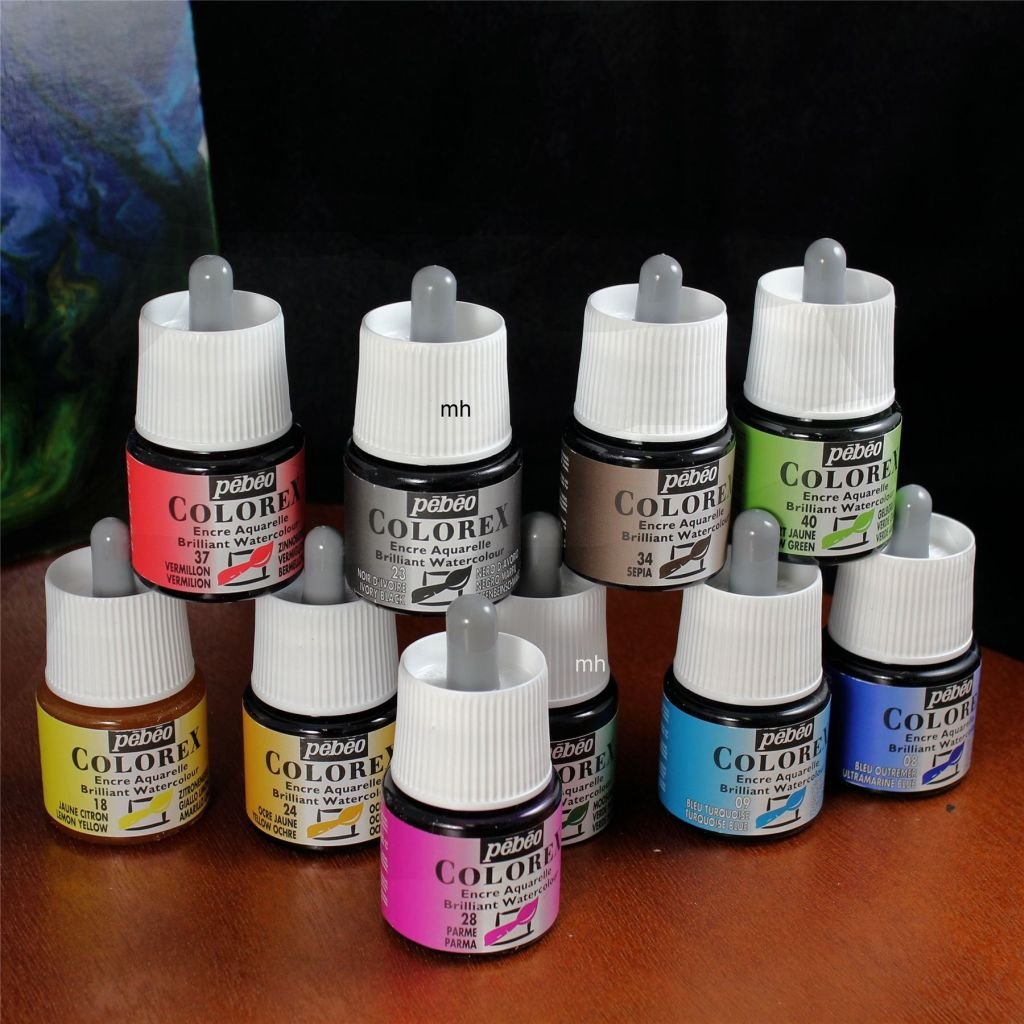 Pebeo Colorex Watercolour Inks - Box of 10 Assorted 45 ML Bottles
