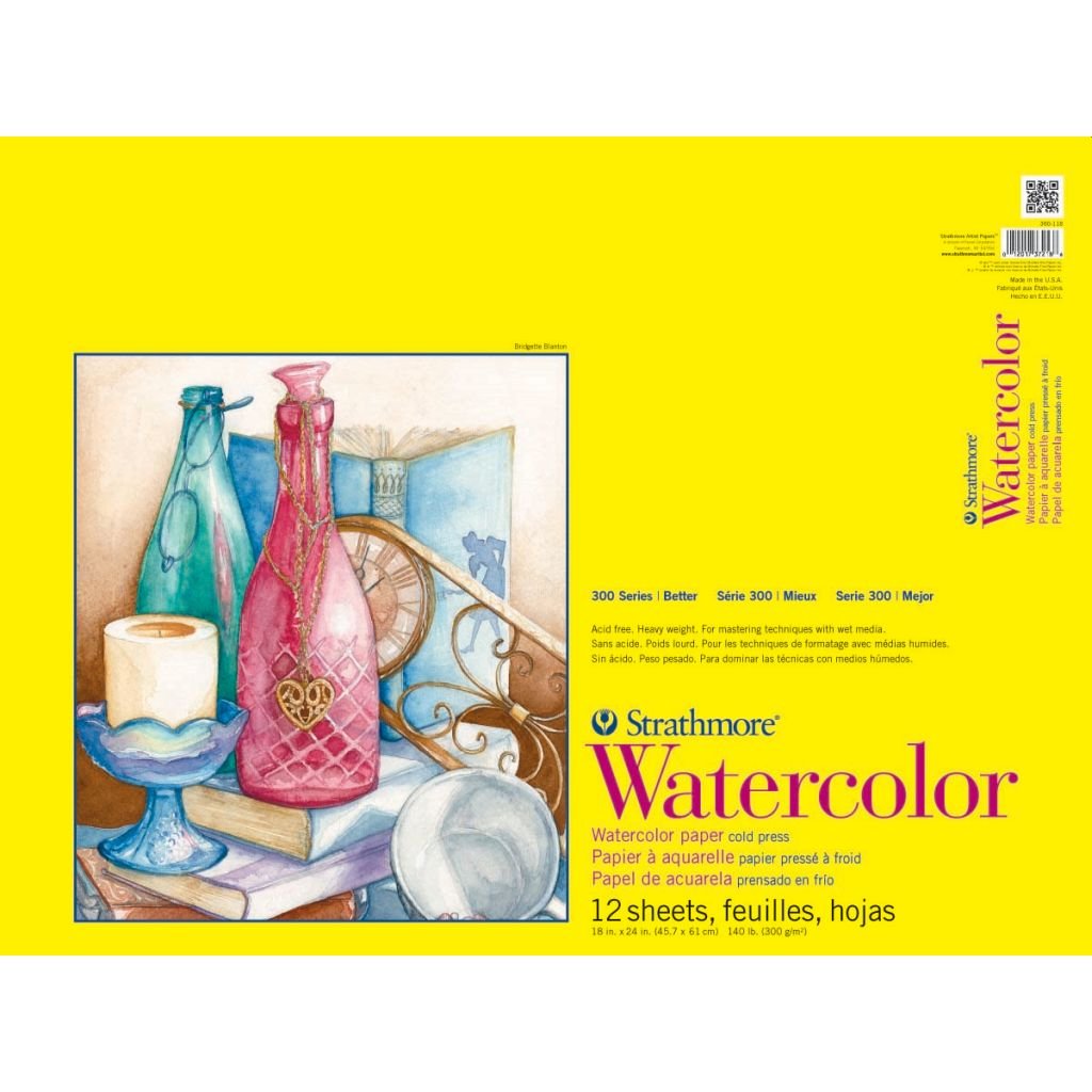 Strathmore 300 Series Watercolor 18''x24'' Natural White Medium & Smooth Grain 300 GSM Paper, Short-Side Tape Bound Pad of 12 Sheets