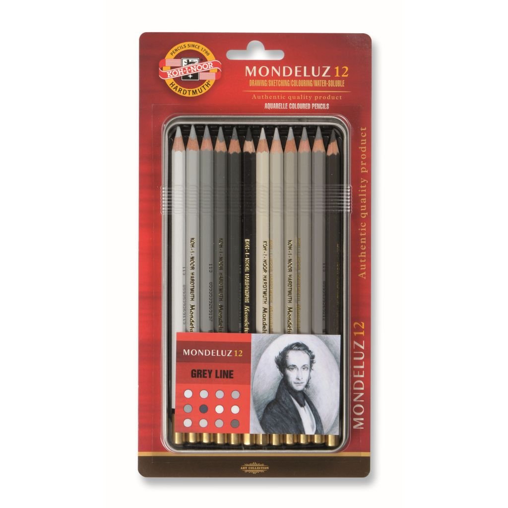 Koh-I-Noor Mondeluz Artist's Water Soluble Coloured Pencils - Grey Line - Set of 12 in Tin Box