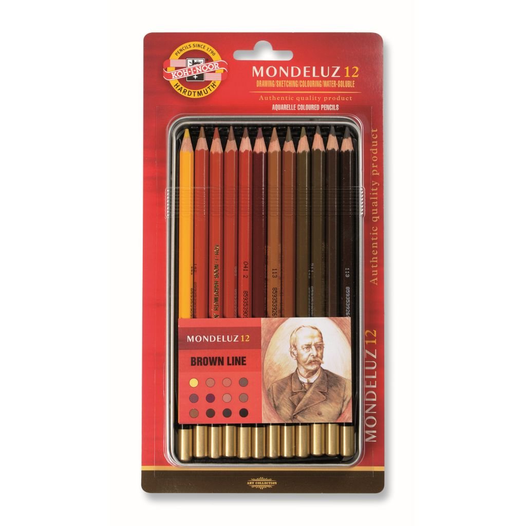 Koh-I-Noor Mondeluz Artist's Water Soluble Coloured Pencils - Brown Line - Set of 12 in Tin Box