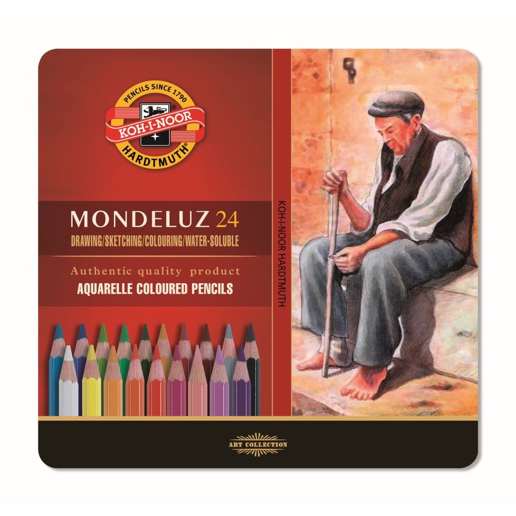 Koh-I-Noor Mondeluz Artist's Water Soluble Coloured Pencils - Assorted - Set of 24 in Tin Box