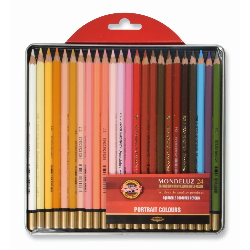 Koh-I-Noor Mondeluz Artist's Water Soluble Coloured Pencils - Portrait - Set of 24 in Tin Box