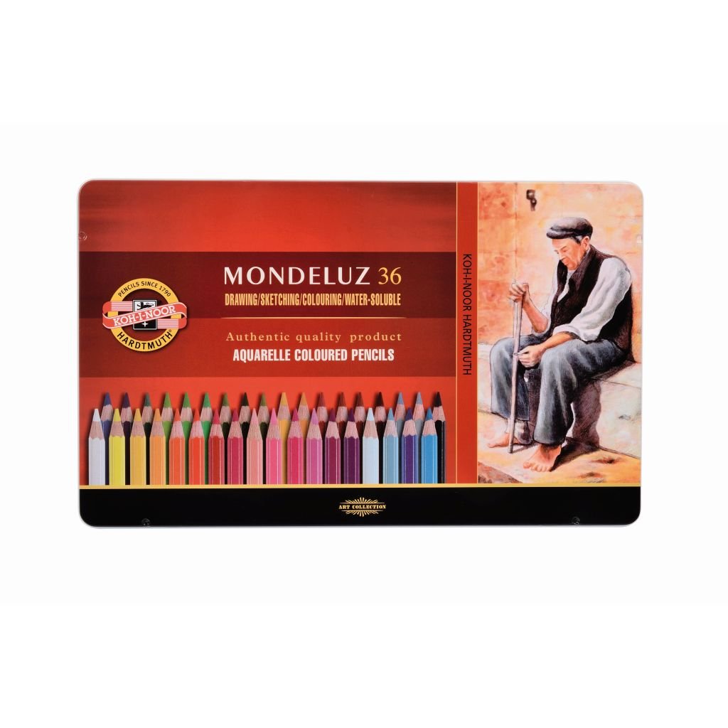 Koh-I-Noor Mondeluz Artist's Water Soluble Coloured Pencils - Assorted - Set of 36 in Tin Box