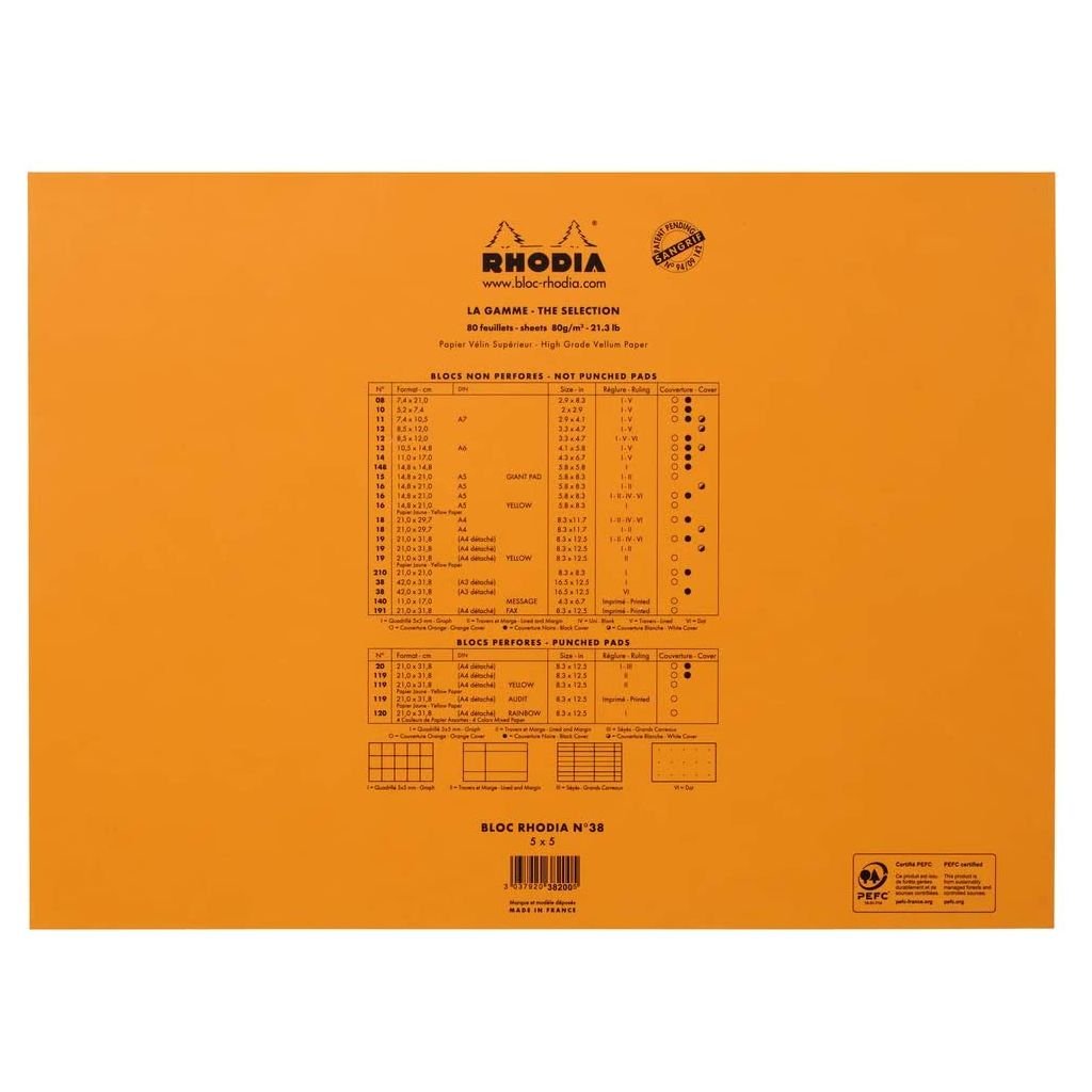 Rhodia - Basics Orange No. 38 - Stapled - 5 x 5 Graph Squared Ruling Notepad - A3+ (420 mm x 318 mm or 16.53
