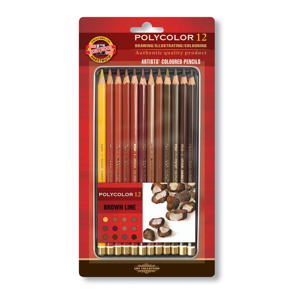 Koh-I-Noor Polycolor Artist's Coloured Pencils - Brown Line - Set of 12 in Tin Box
