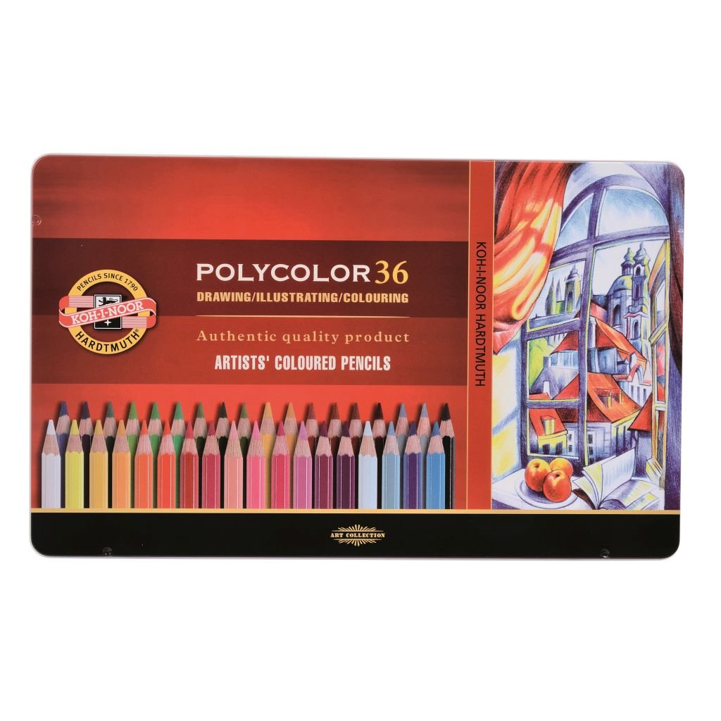 Koh-I-Noor Polycolor Artist's Coloured Pencils - Assorted - Set of 36 in Tin Box