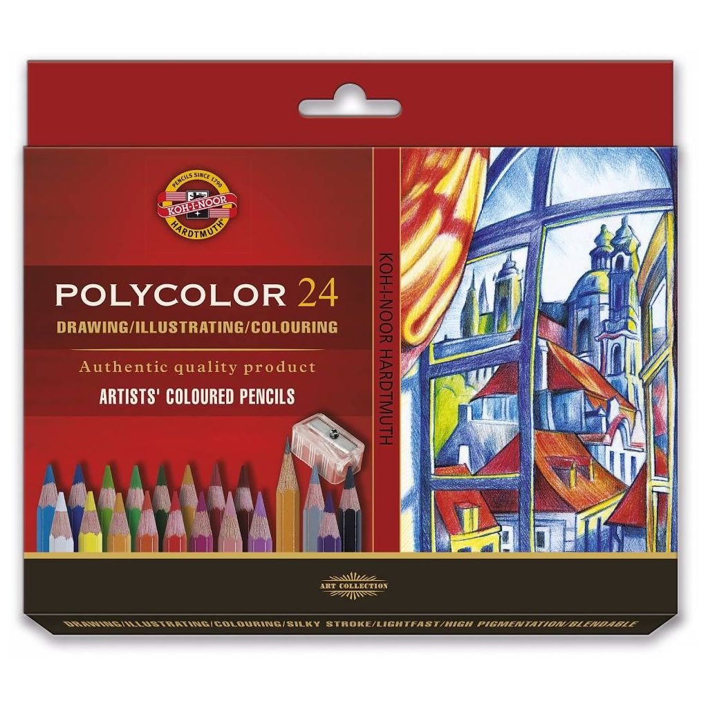 Koh-I-Noor Polycolor Artist's Coloured Pencils - Assorted - Set of 24 In Cardboard Case