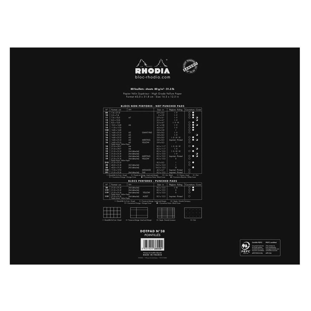 Rhodia - Basics Black No. 38 - Stapled - Dot Grid Pad - A3+ (420 mm x 318 mm or 16.53