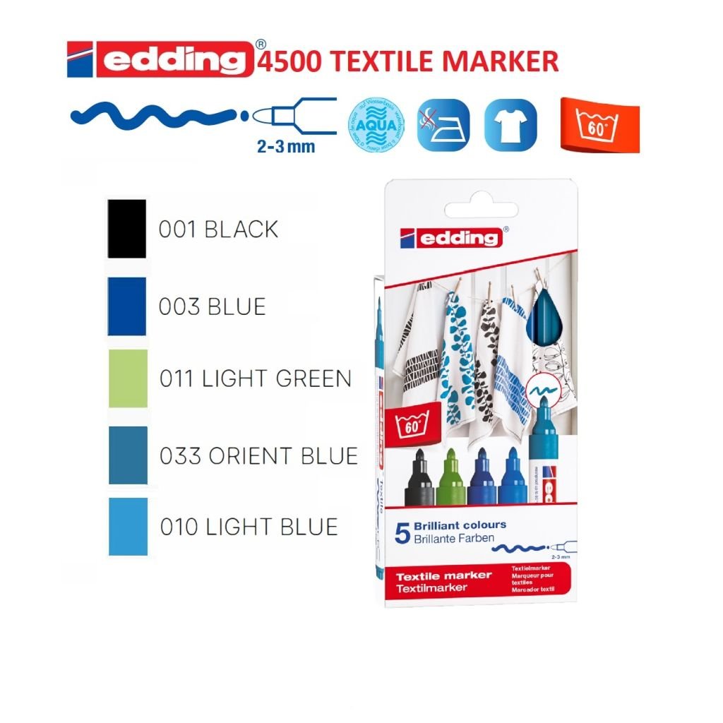 Edding Textile Marker (2 - 3 MM) - Set of 5 - Cool Colours