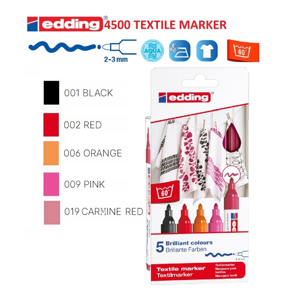 Edding Textile Marker (2 - 3 MM) - Set of 5 - Warm Colours