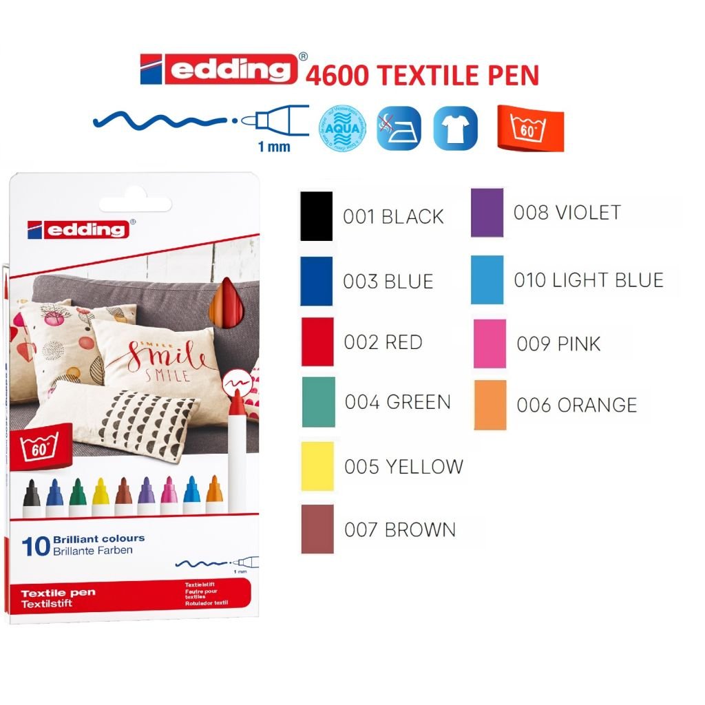 Edding Textile Pen (1 MM) - Set of 10 - Assorted Basic Colours