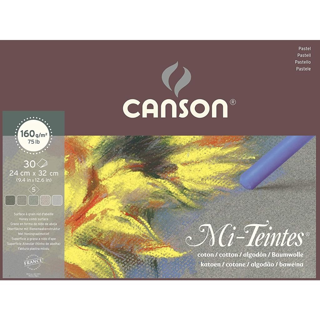 Canson Mi-Teintes Pastel Paper - Honeycomb + Fine Grain 160 GSM - Assorted Grey Tones - 24 x 32 cm or 9.4 x 12.6'' Pad - 30 Sheets