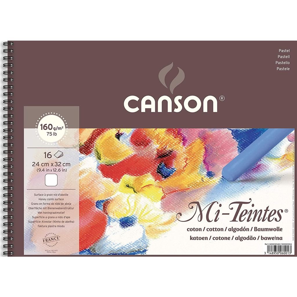 Canson Mi-Teintes Pastel Paper - Honeycomb + Fine Grain 160 GSM - White - 24 x 32 cm or 9.4 x 12.6'' Spiral Pad - 16 Sheets