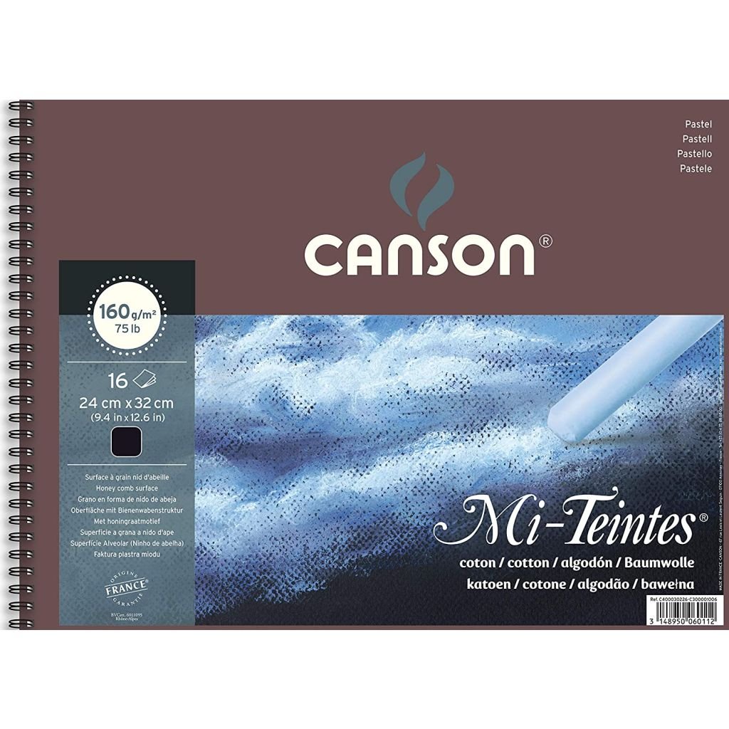 Canson Mi-Teintes Pastel Paper - Honeycomb + Fine Grain 160 GSM - Black - 24 x 32 cm or 9.4 x 12.6'' Spiral Pad - 16 Sheets