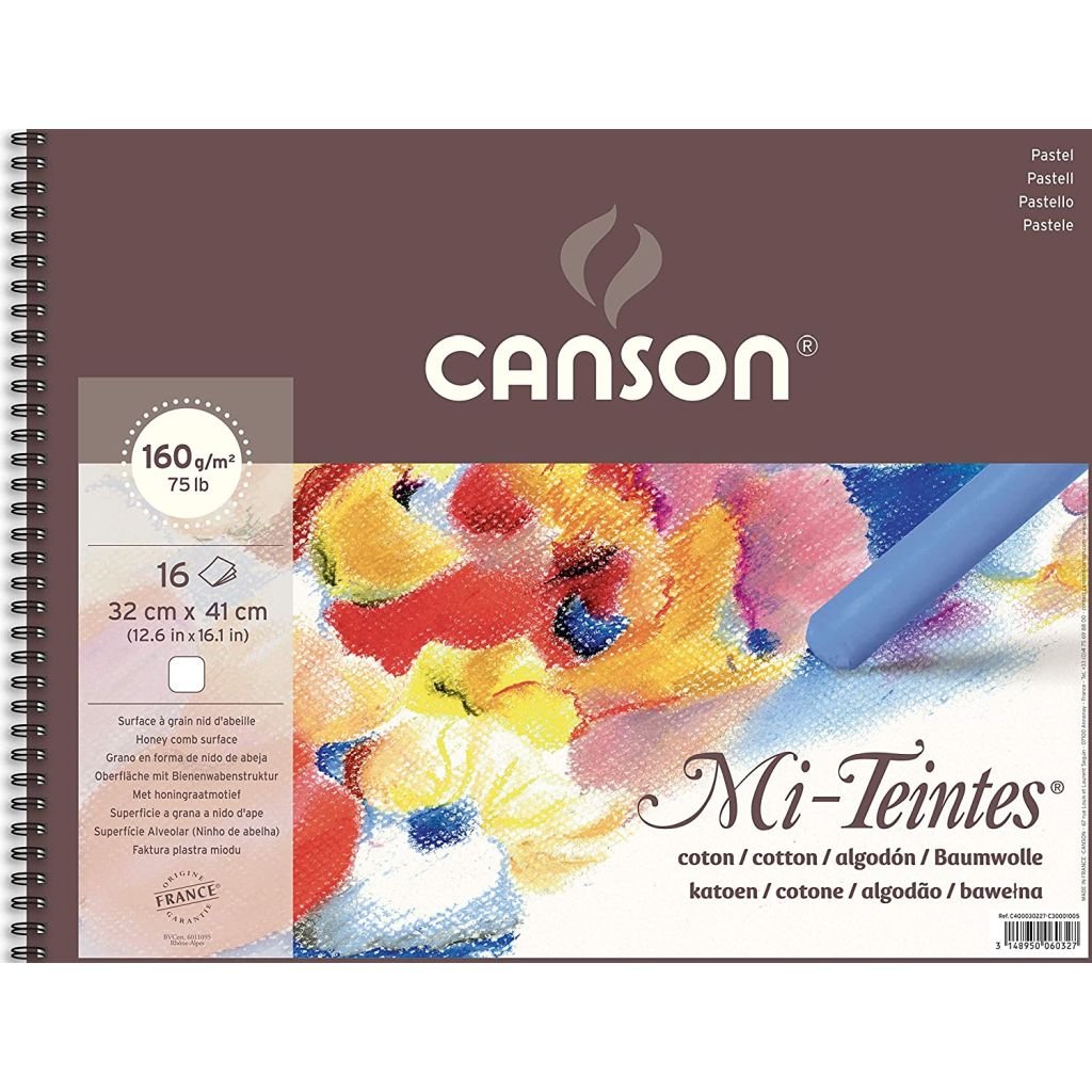 Canson Mi-Teintes Pastel Paper - Honeycomb + Fine Grain 160 GSM - White - 32 x 41 cm or 12.6 x 16.14'' Spiral Pad - 16 Sheets