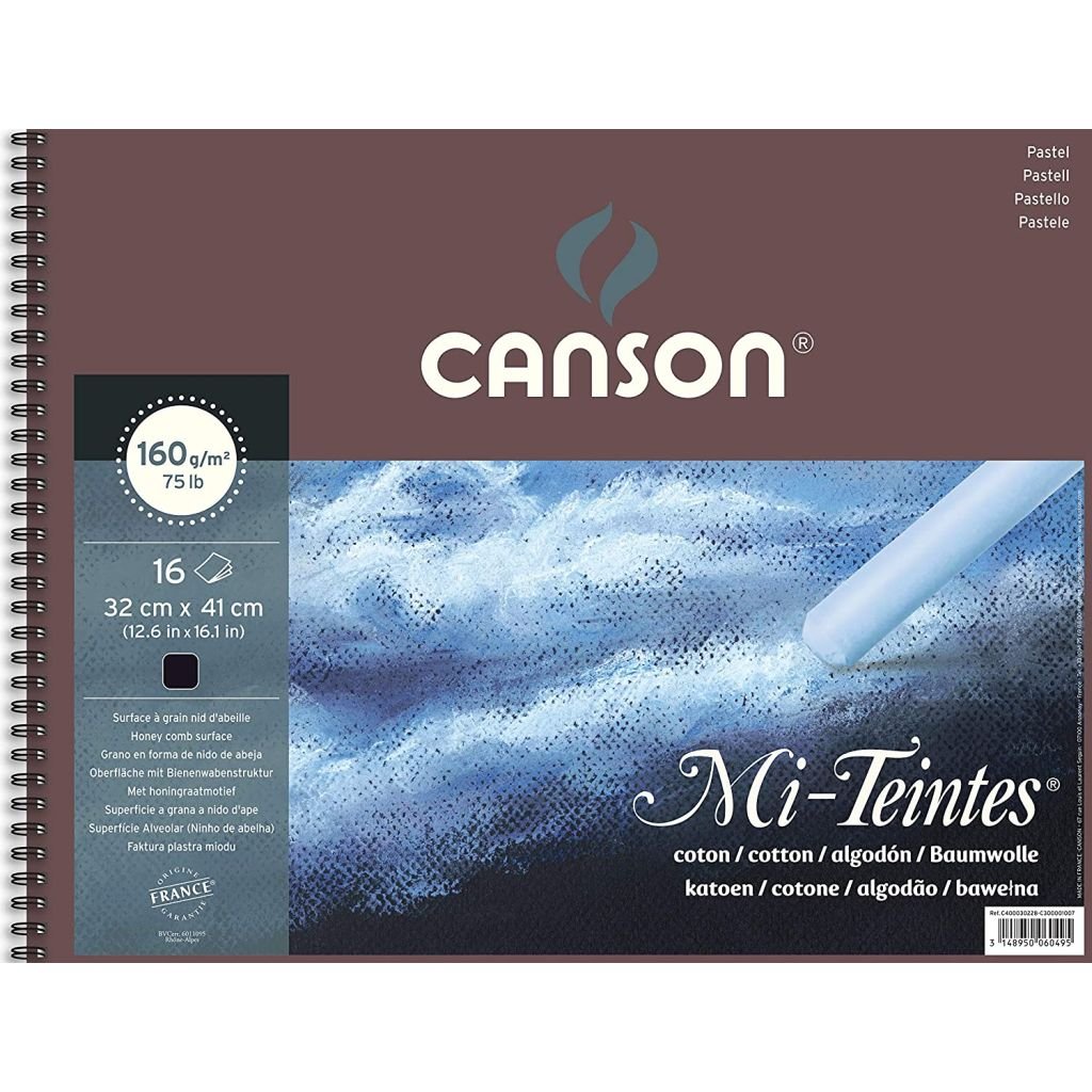 Canson Mi-Teintes Pastel Paper - Honeycomb + Fine Grain 160 GSM - Black - 32 x 41 cm or 12.6 x 16.14'' Spiral Pad - 16 Sheets