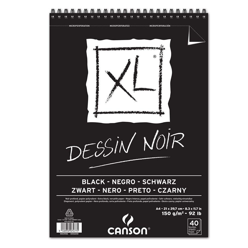 Canson XL Dessin - Black Paper - Smooth + Light Grain 150 GSM A4 (21x 29.7 cm or 8.3 x 11.7'') - Album of 40 Sheets