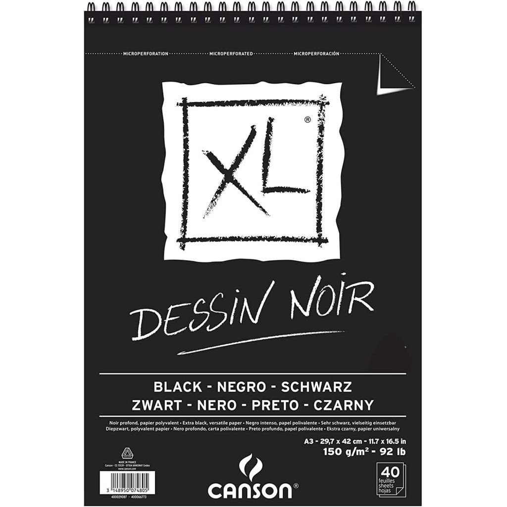 Canson XL Dessin - Black Paper - Smooth + Light Grain 150 GSM A3 (29.7x 42 cm or 11.7 x 16.5'') - Album of 40 Sheets