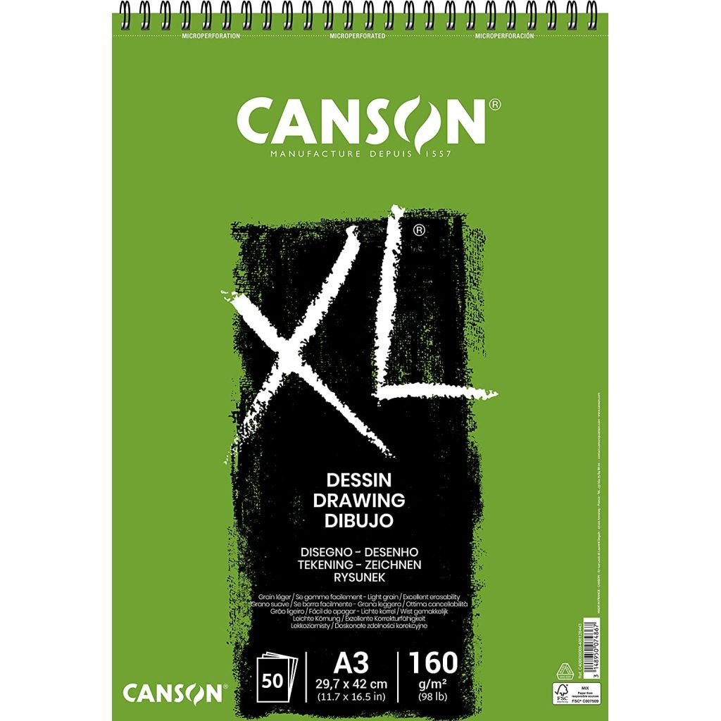 Canson XL Dessin - Drawing & Sketching Paper - 160 GSM A3 (29.7x 42 cm or 11.7 x 16.5'') - Album of 50 Light Grain Sheets