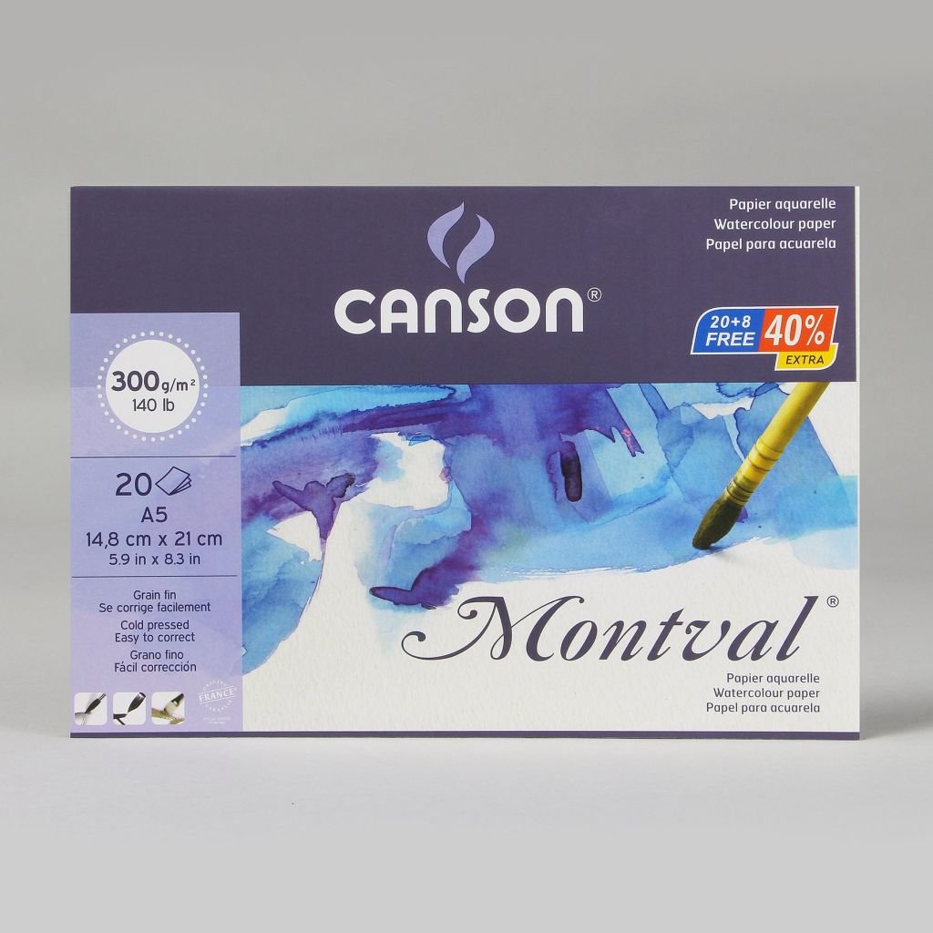 Canson Montval 300 GSM A5 Polypack of (20 + 8) Fine Grain Sheets