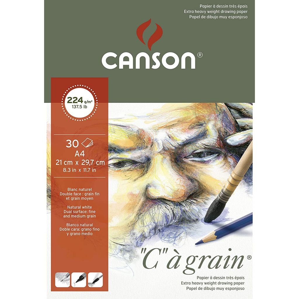 Canson C a' Grain Heavyweight Drawing Paper - Fine Grain 224 GSM A4 Pad - 30 Sheets