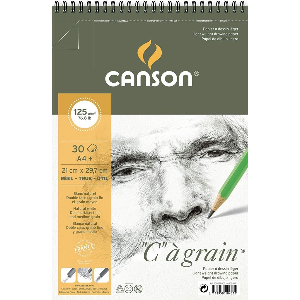 Canson C a' Grain Heavyweight Drawing Paper - Fine Grain 125 GSM A4+ Spiral Pad - 30 Sheets