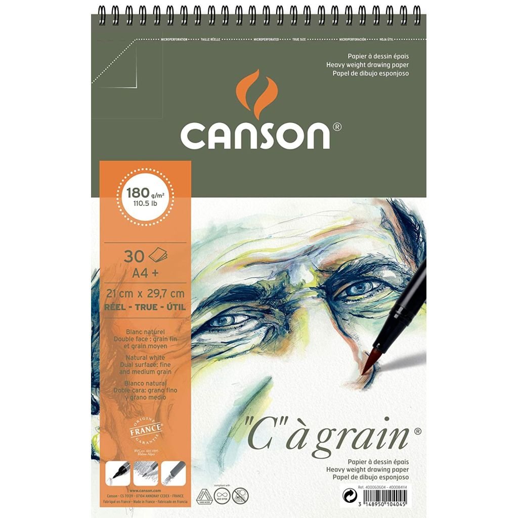 Canson C a' Grain Heavyweight Drawing Paper - Fine Grain 180 GSM A4+ Spiral Pad - 30 Sheets