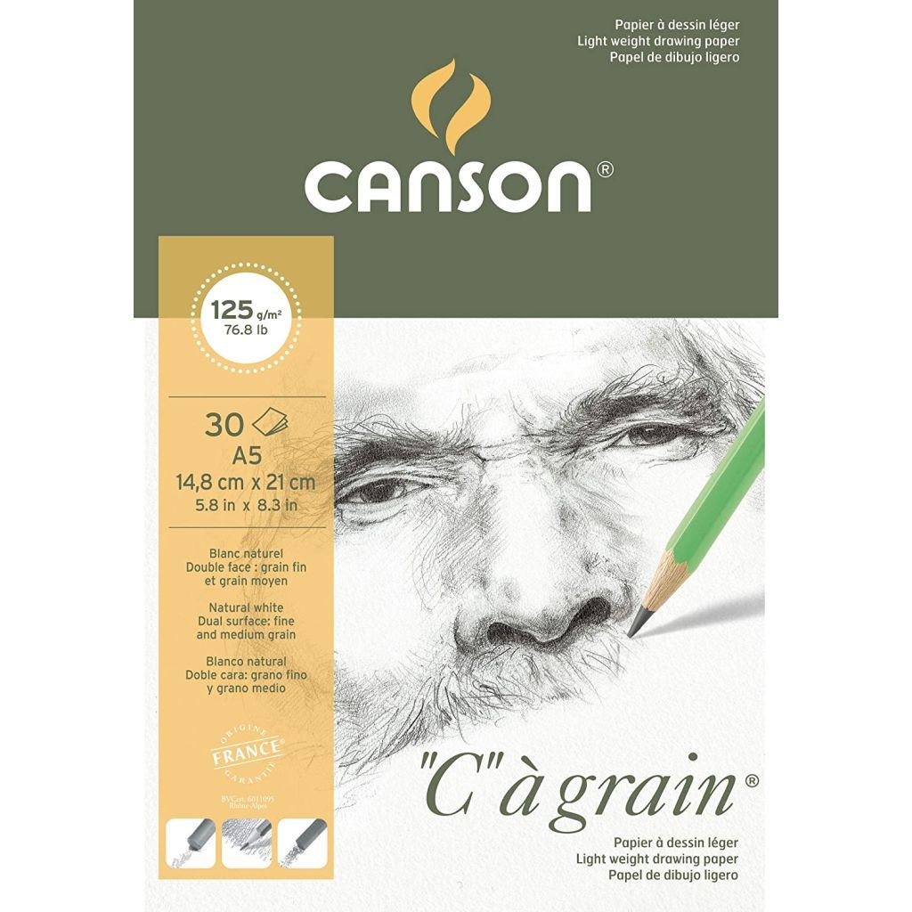Canson C a' Grain Heavyweight Drawing Paper - Fine Grain 125 GSM A5 Pad - 30 Sheets