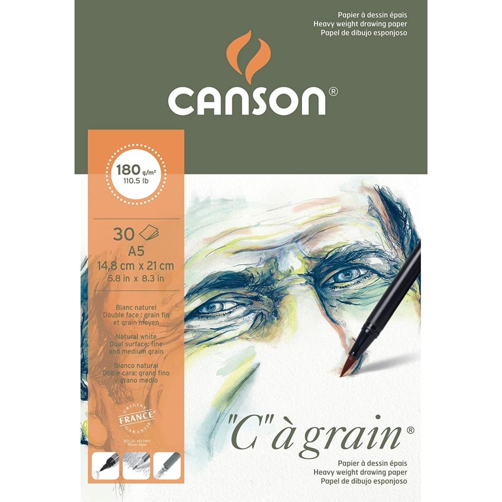 Canson C a' Grain Heavyweight Drawing Paper - Fine Grain 180 GSM A5 Pad - 30 Sheets