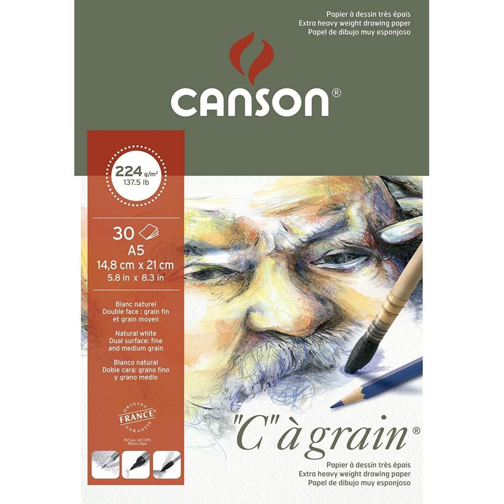Canson C a' Grain Heavyweight Drawing Paper - Fine Grain 224 GSM A5 Pad - 30 Sheets