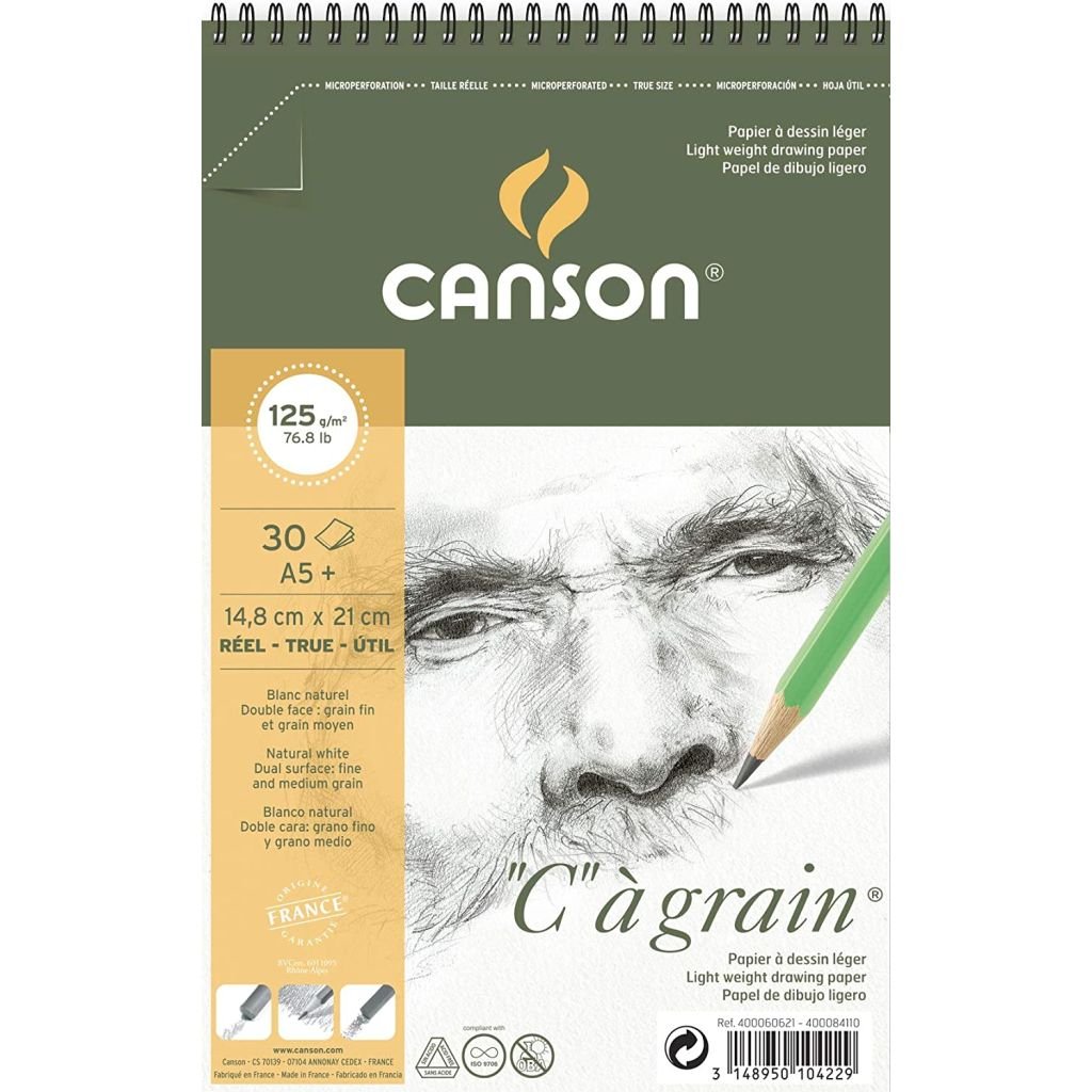 Canson C a' Grain Heavyweight Drawing Paper - Fine Grain 125 GSM A5+ Spiral Pad - 30 Sheets