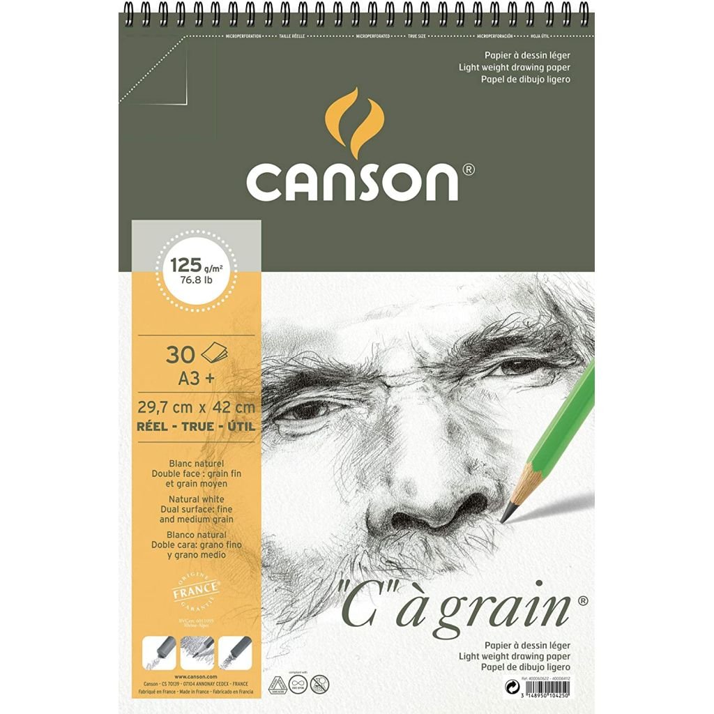 Canson C a' Grain Heavyweight Drawing Paper - Fine Grain 125 GSM A3+ Spiral Pad - 30 Sheets