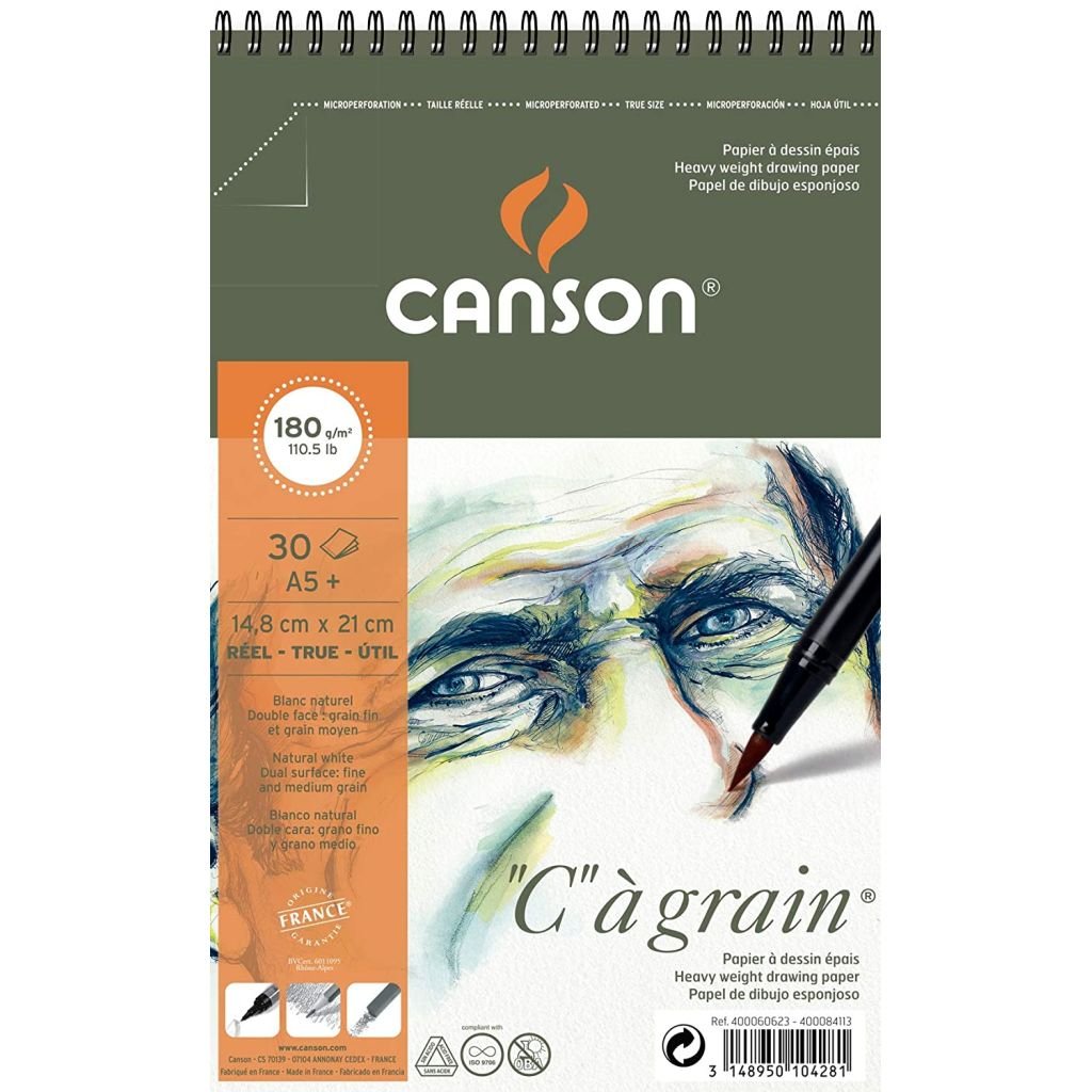 Canson C a' Grain Heavyweight Drawing Paper - Fine Grain 180 GSM A5+ Spiral Pad - 30 Sheets