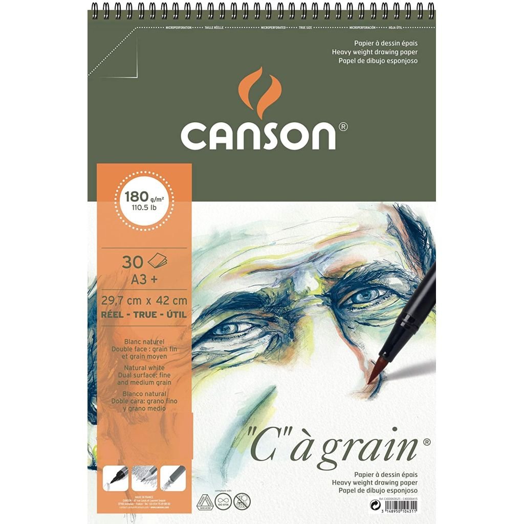 Canson C a' Grain Heavyweight Drawing Paper - Fine Grain 180 GSM A3+ Spiral Pad - 30 Sheets