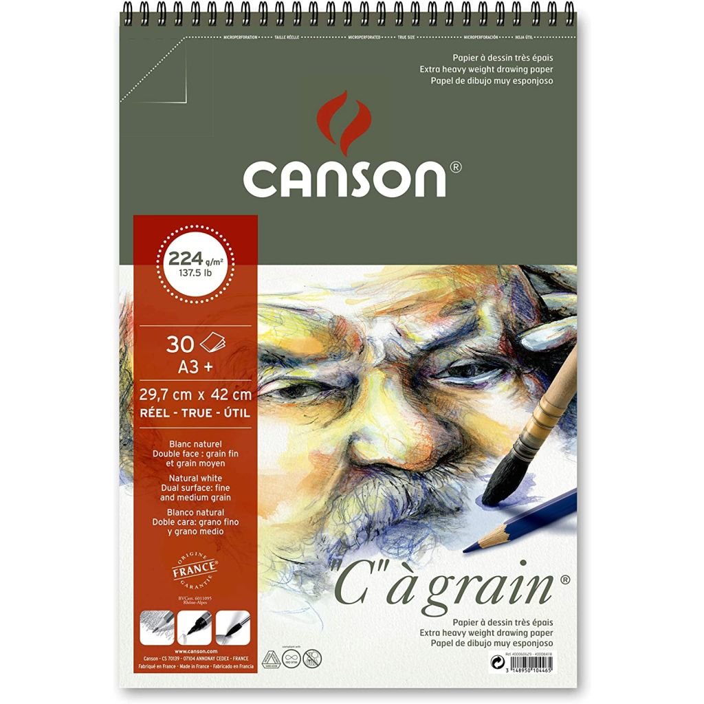 Canson C a' Grain Heavyweight Drawing Paper - Fine Grain 224 GSM A3+ Spiral Pad - 30 Sheets
