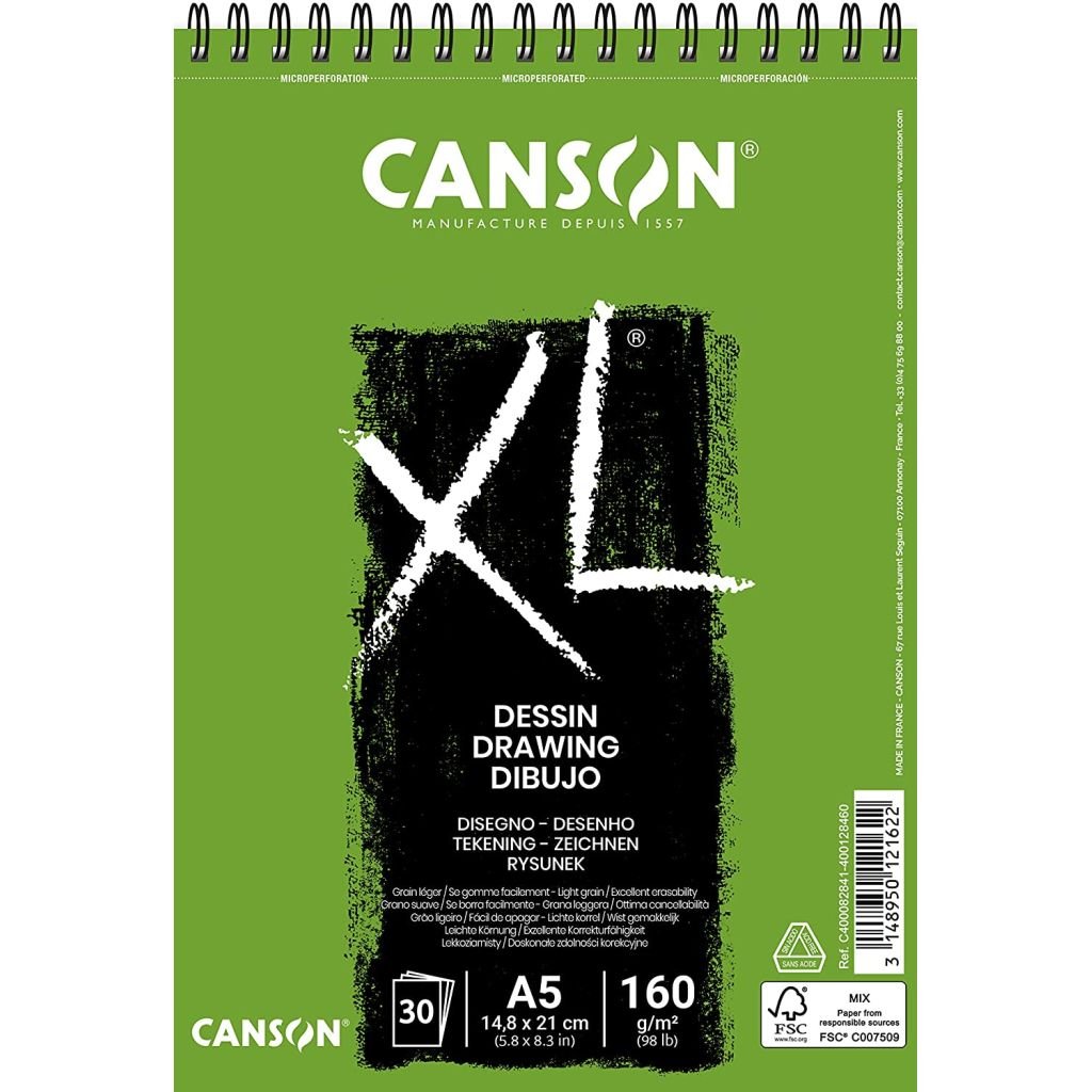 Canson XL Dessin - Drawing & Sketching Paper - 160 GSM A5 (14.8x 21 cm or 5.9 x 8.3'') - Album of 30 Light Grain Sheets