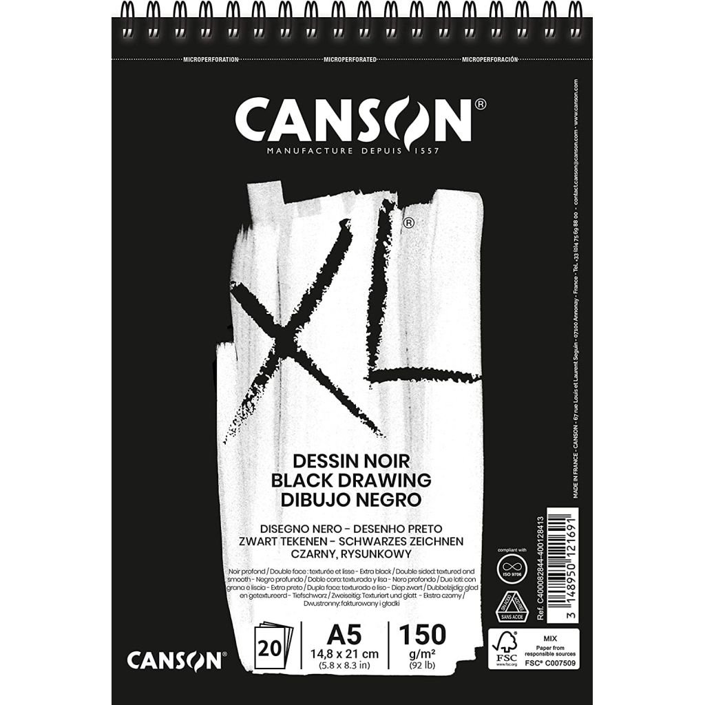 Canson XL Dessin - Black Paper - Smooth + Light Grain 150 GSM A5 (14.8x 21 cm or 5.9 x 8.3'') - Album of 20 Sheets