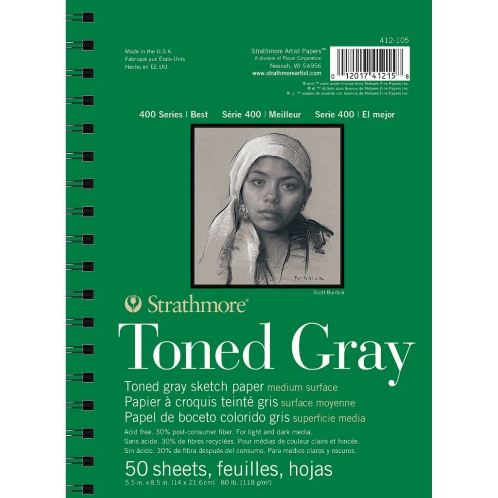 Strathmore 400 Series Toned Gray 5.5''x8.5'' Cool Grey Smooth 118 GSM Paper, Long-Side Spiral Bound Album of 50 Sheets