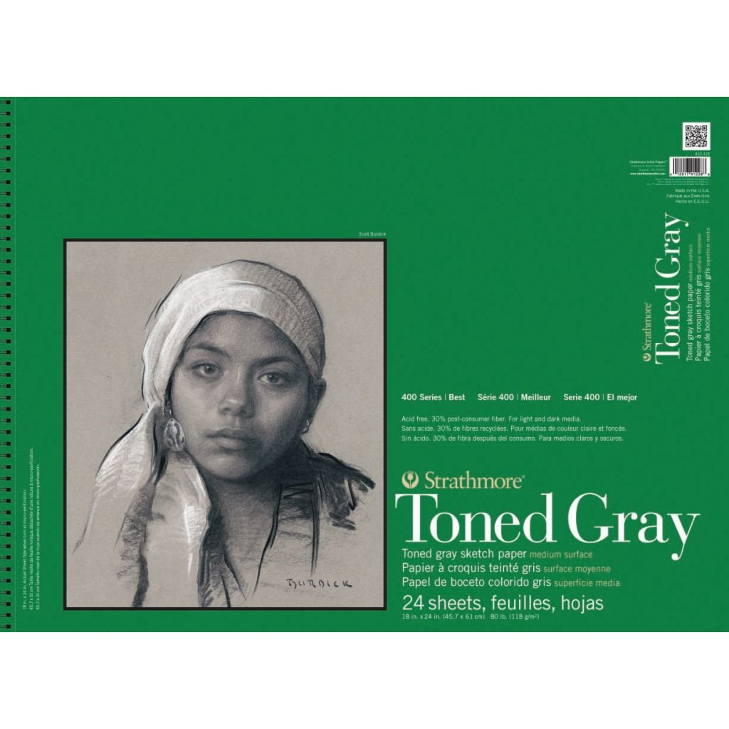 Strathmore 400 Series Toned Gray 18''x24'' Cool Grey Smooth 118 GSM Paper, Short-Side Micro-perforated Album of 24 Sheets