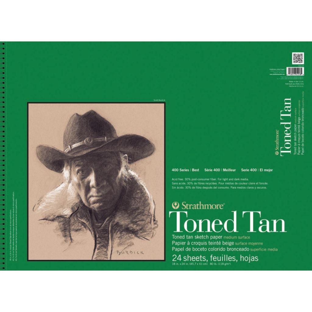 Strathmore 400 Series Toned Tan 18''x24'' Warm Tan Smooth 118 GSM Paper, Short-Side Micro-perforated Album of 24 Sheets