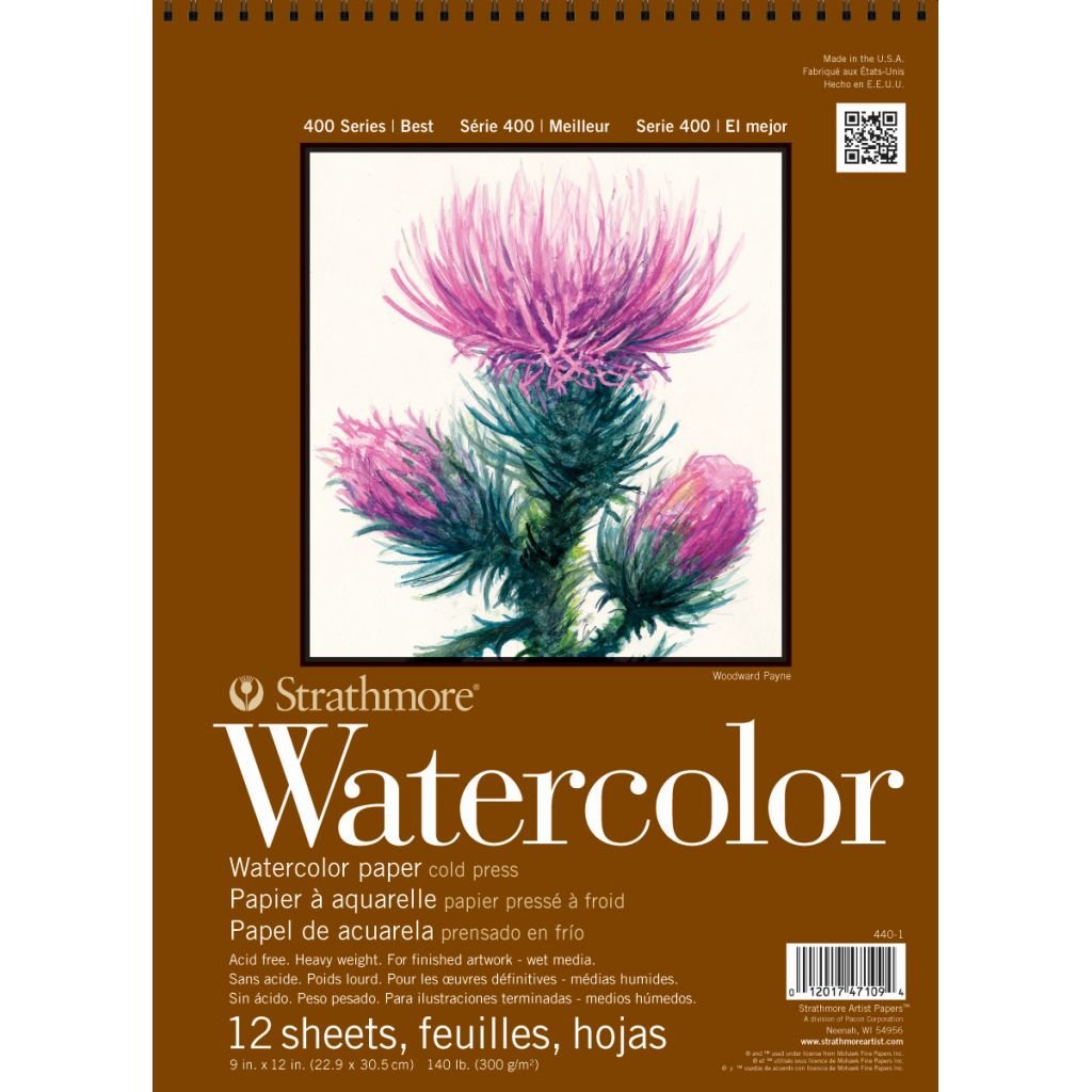 Strathmore 400 Series Watercolor 9''x12'' Natural White Medium Grain 300 GSM Paper, Short-Side Spiral Bound Album of 12 Sheets