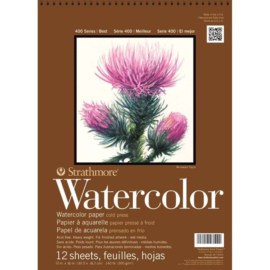 Strathmore 400 Series Watercolor 12''x18'' Natural White Medium Grain 300 GSM Paper, Short-Side Spiral Bound Album of 12 Sheets