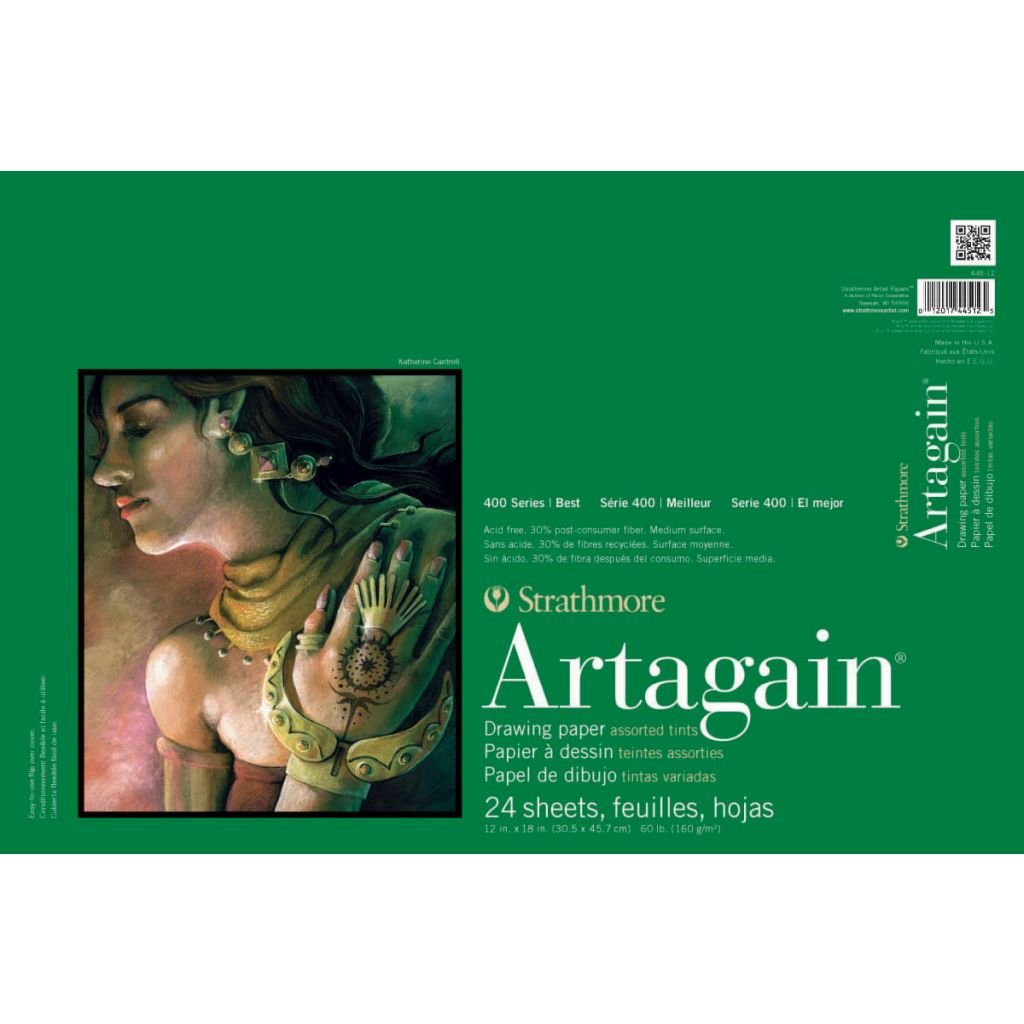 Strathmore 400 Series Artagain 12''x18'' 6 Assorted Tints Light Grain 160 GSM Paper, Short-Side Glue Bound Pad of 24 Sheets