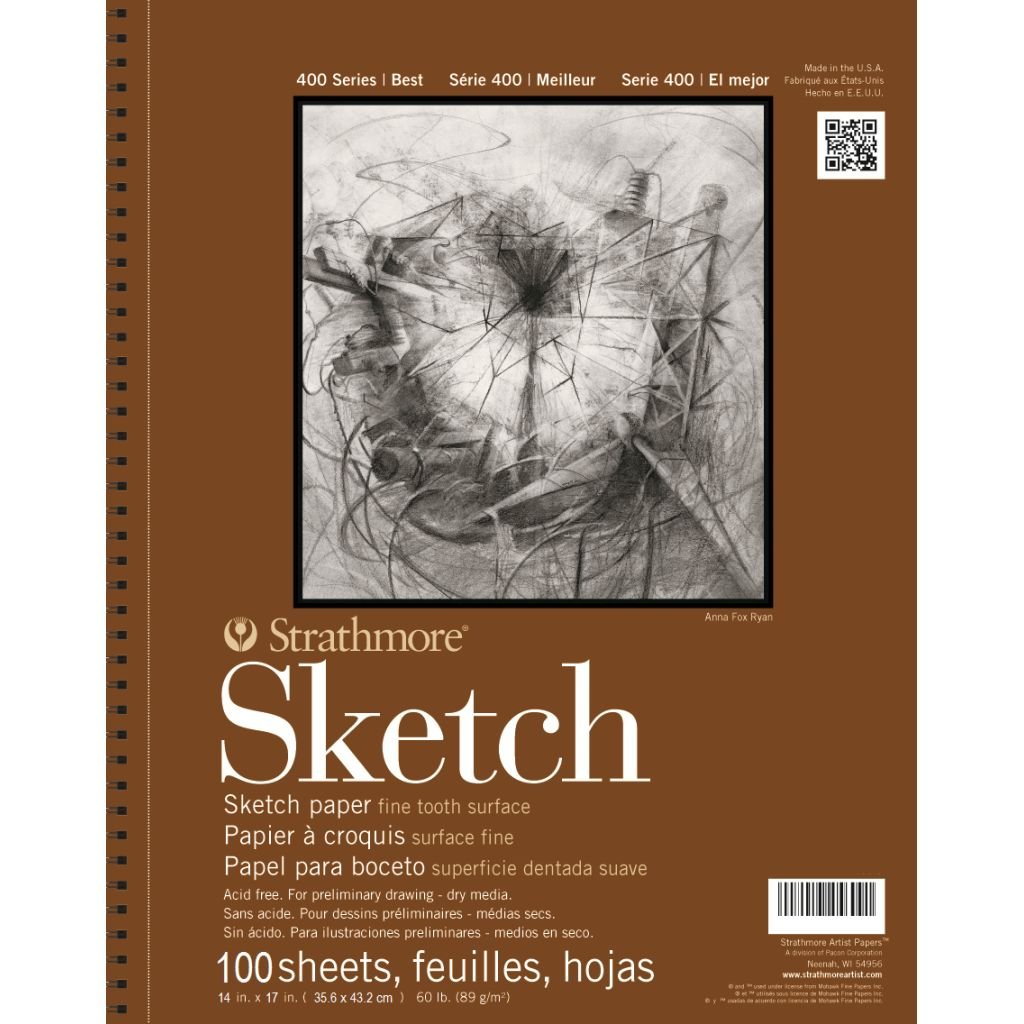 Strathmore 400 Series Sketch 14''x17'' White Fine Tooth 89 GSM Paper, Long-Side Micro-perforated Album of 100 Sheets