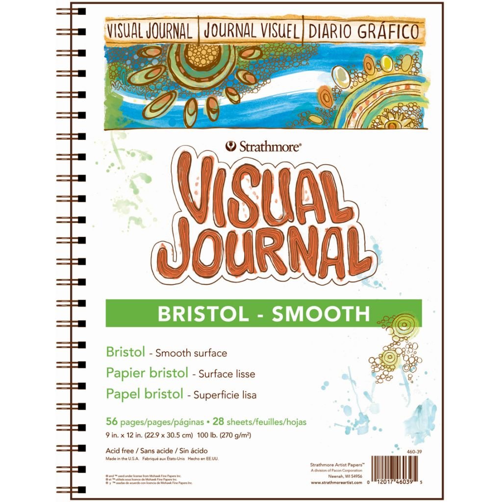 Strathmore 300 Series Visual Journal - Bristol Smooth - 9''x12'' - Extra White - Extra Smooth - 270 GSM Paper, Long-Side Spiral Bound - 28 Sheets