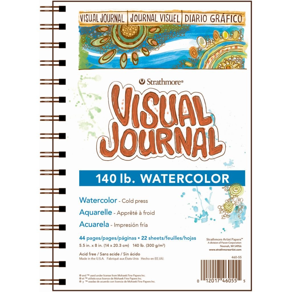 Strathmore 400 Series Visual Journal - Watercolor - 5.5''x8'' - Natural White - Medium Grain - 300 GSM Paper, Long-Side Spiral Bound - 44 Sheets