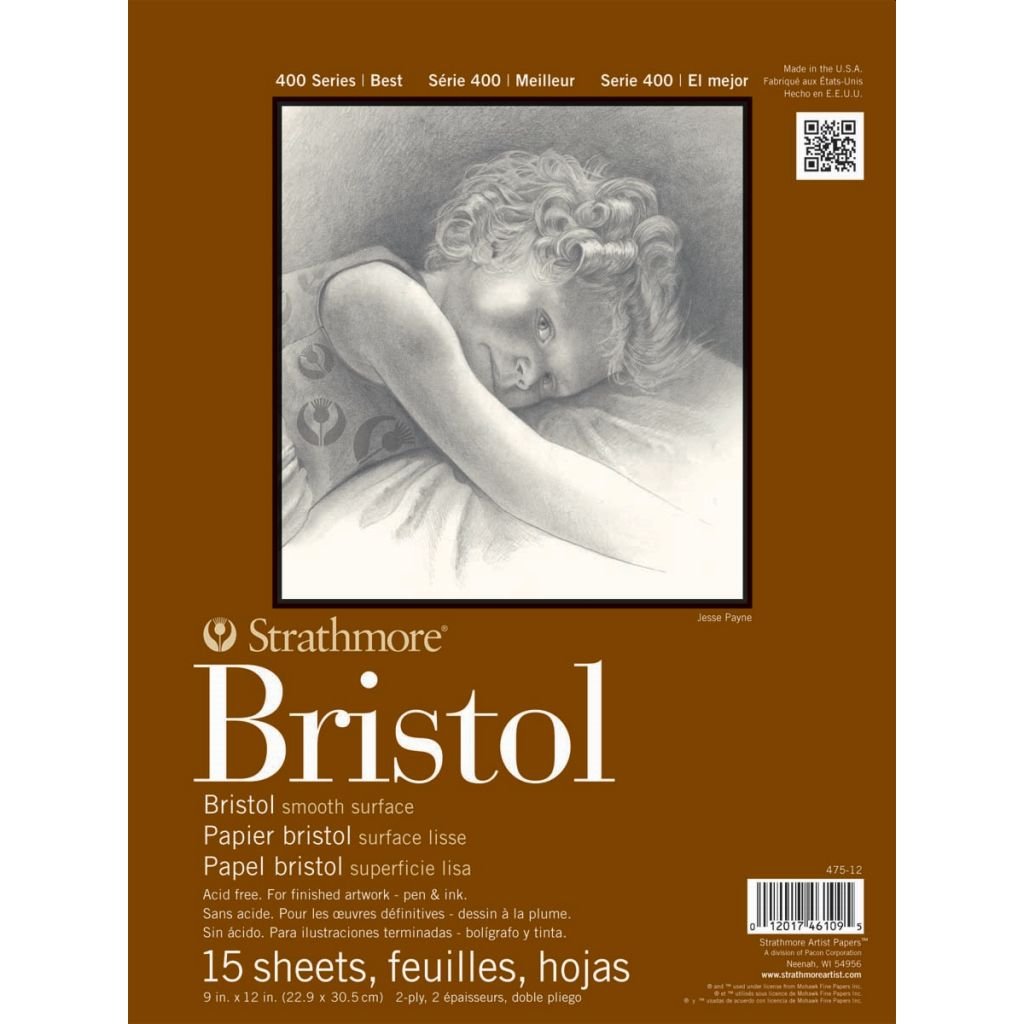 Strathmore 400 Series Bristol 9''x12'' Extra White Extra Smooth 270 GSM Paper, Long-Side Tape Bound Pad of 15 Sheets