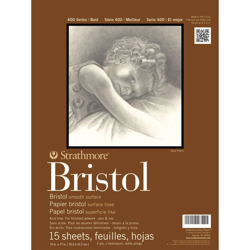 Strathmore 400 Series Bristol 14''x17'' Extra White Extra Smooth 270 GSM Paper, Long-Side Tape Bound Pad of 15 Sheets